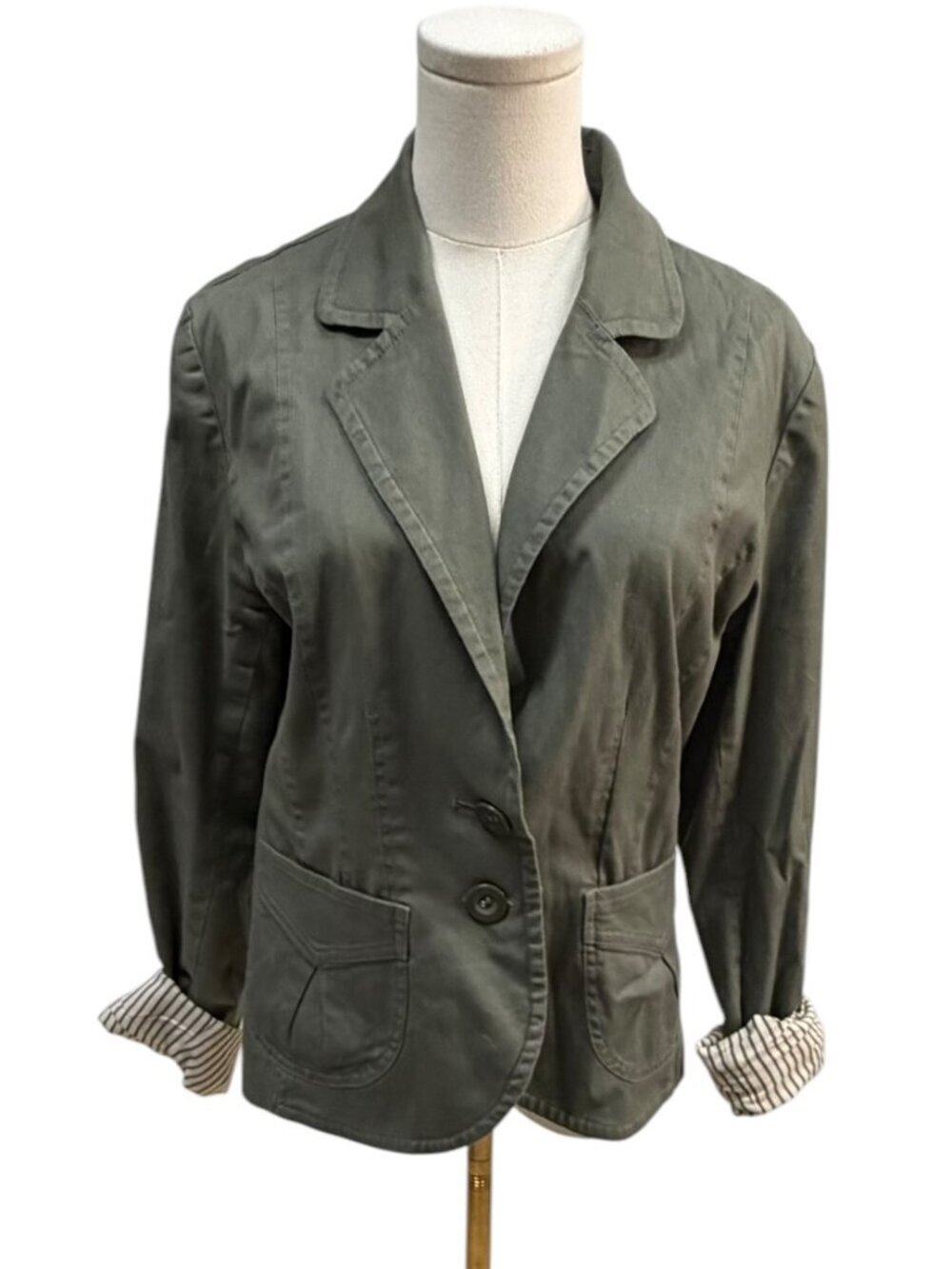 EUC H&M Olive Green Cotton Blazer Jacket Size 12 Striped Lining